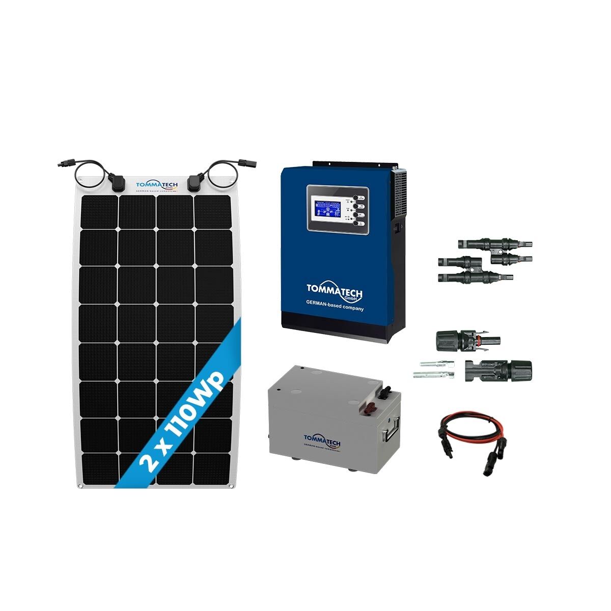 Tommatech 2 Panel(110Wp) 1KWE Off-Grid(12V) Esnek Solar Paket